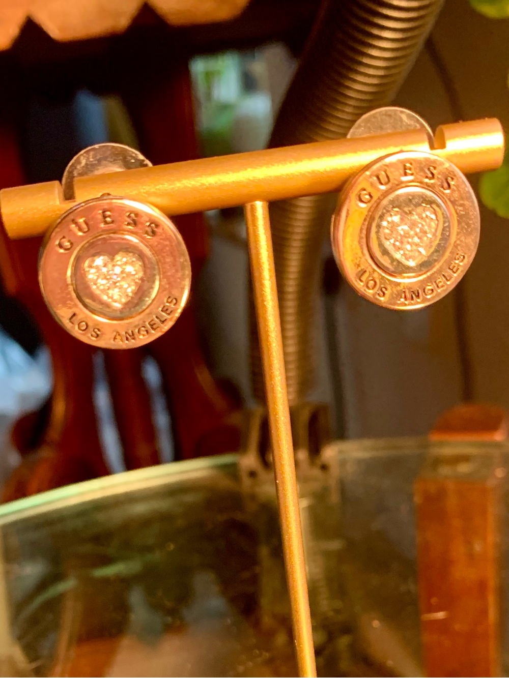 GUESS Gold-Tone Heart Crystal Logo Earrings